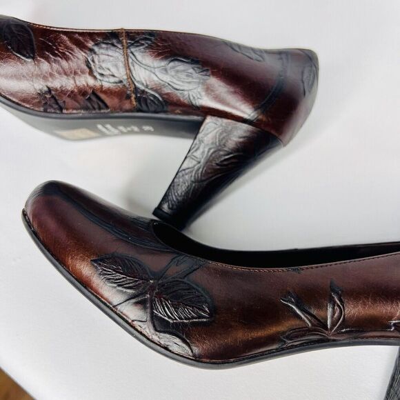 Cuoieria Fiorentina Italy Tuscan Sz 8.5 Heels Chocolate Brown Leather Floral - Picture 5 of 11